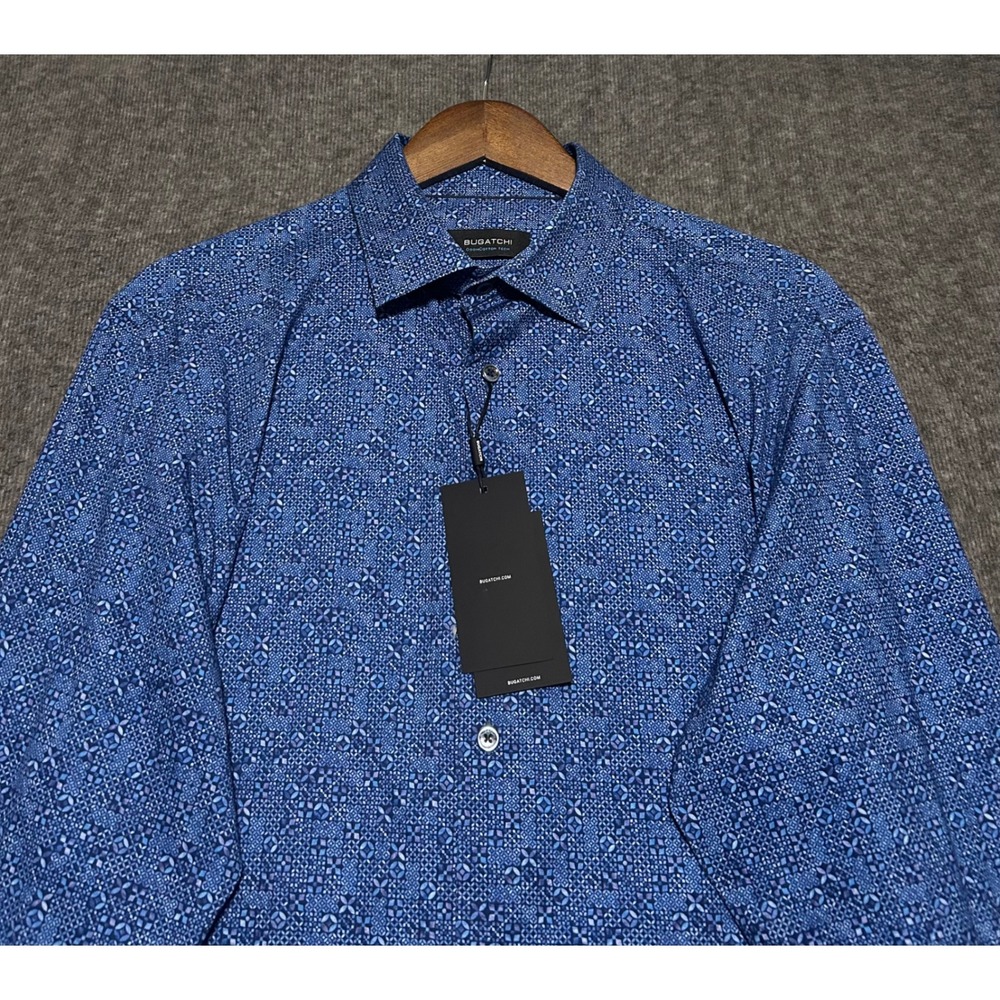 Bugatchi ooohcotton tech 8 way stretch button up shirt long sleeve blue Large